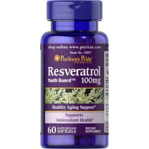 Ресвератрол, Resveratrol, Puritan's Pride, 100 мг, 60 гелевых капсул с быстрым высвобождением
