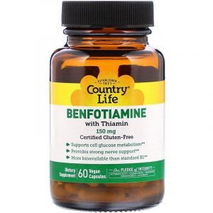 Бенфотиамин c тиамином, Benfotiamine, Country Life, 150 мг, 60 веганских капсул