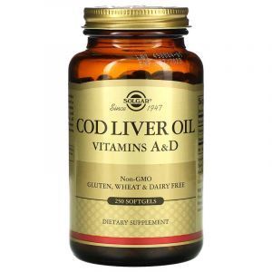 Витамин А и Д из масла печени трески, Cod Liver Oil, Vitamins A & D, Solgar, 250 гелеввых капсул

