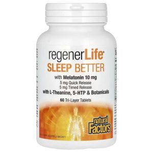 Формула для сна, Sleep Better with Melatonin, L-Theanine & Botanicals, Natural Factors, RegenerLife, с мелатонином, L-теанином и травами, 60 трехслойных таблеток