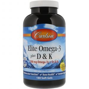 Омега 3 + витамин Д3 и витамин К, Omega-3 Plus D & K, Carlson Labs, 180 гелевых капсул