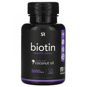 Биотин с кокосовым маслом, Biotin, Sports Research, 5000 мкг, 120 вегетарианских капсул