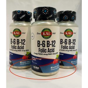 ვიტამინი B12 + B6 ფოლიუმის მჟავა, ვიტამინი B-6 B-12 ფოლიუმის მჟავა, KAL, კენკრა, 60 ტაბლეტი